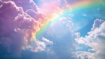 Poster - sky, framed by fluffy clouds. The vibrant colors of the rainbow and the soft white of the clouds create a stunning and magical scene.