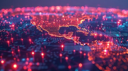 Wall Mural - abstract digital map of north america with glowing red and blue lines.