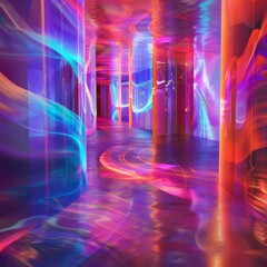 Wall Mural - abstract hallway with neon lights reflecting on a wet floor, creating a vibrant and futuristic atmos
