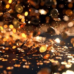 Wall Mural - abstract image of glowing gold coins raining down on a dark surface.