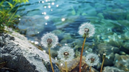 Wall Mural - dandelion seeds with dew, next to the bank of a river generative ai