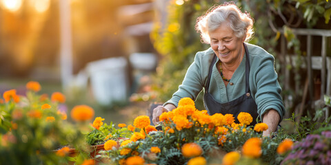 Wall Mural - Beautiful senior lady working in the garden. Landscape designer at work. Smiling elderly woman gardener caring for flowers and plants. Hobby in retirement.