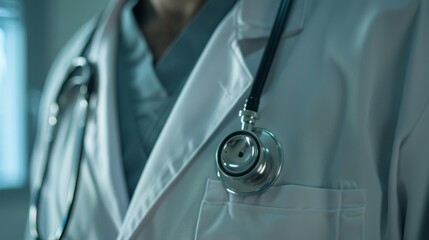 Closeup of a doctor's stethoscope hanging from their white coat.