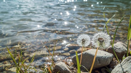 Wall Mural - dandelion seeds with dew, next to the bank of a river generative ai