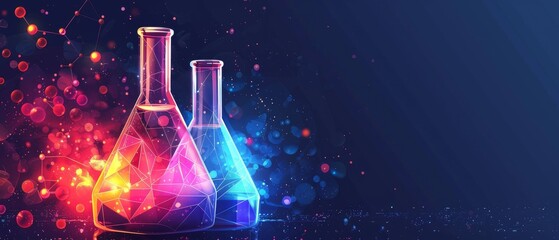 Abstract low poly science concept banner with colorful beakers on dark background