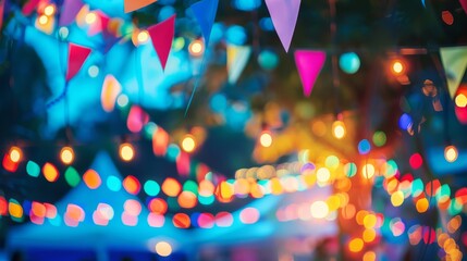 Wall Mural - colorful string lights and bunting flags create a festive atmosphere at a nighttime celebration.