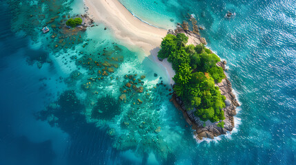 Drone view of a picturesque island with white sandy beaches, turquoise waters, and a coral reef surrounding it, making it a perfect paradise for nature lovers and vacationers