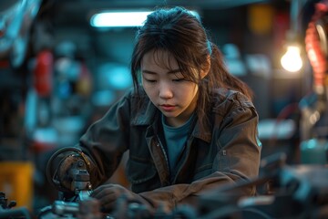 Wall Mural - A woman is working on a car engine