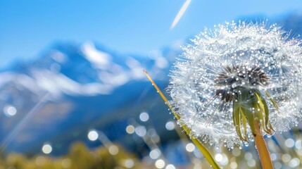 Wall Mural - dew on dandelion seeds with snowy mountains in the background and a bright blue sky generative ai