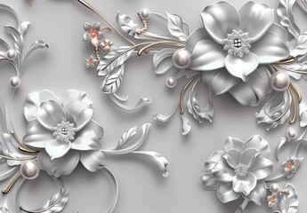 3d wallpaper background with jewelry, pearls and diamonds, floral swirls on light grey backdrop, ele