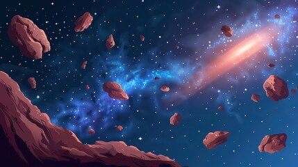 A cluster of asteroids is seen drifting through space, with a stunning blue nebula and countless stars in the background, creating a sense of cosmic wonder and exploration.