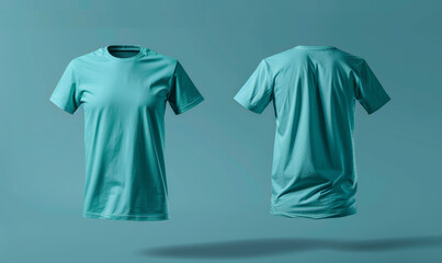 Two blank t-shirts in turquoise, front and back view, suspended in front of a high-resolution denim texture background. The fabric texture complements the casual style, perfect for fashion branding