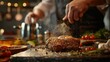 © bajita111122 - A photographic style of a chef, seasoning a steak, close-up view