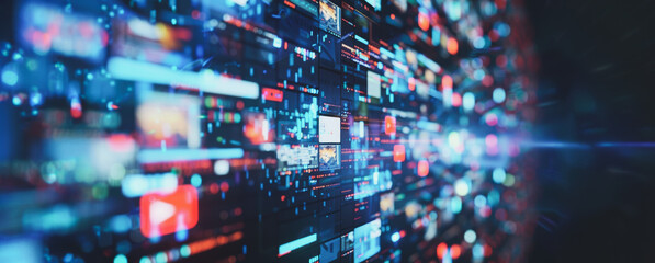 Abstract digital data wall with glowing screens and light streaks