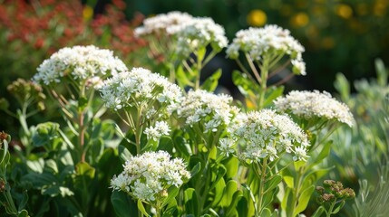 Sticker - Close up of Lovely White Sedum Flowers in a Garden