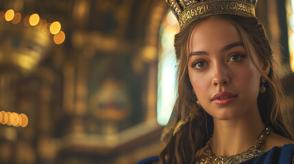 Wall Mural - Young woman with crown in ornate room