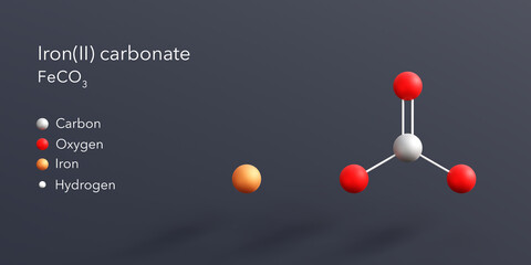 Wall Mural - iron(ii) carbonate molecule 3d rendering, flat molecular structure with chemical formula and atoms color coding