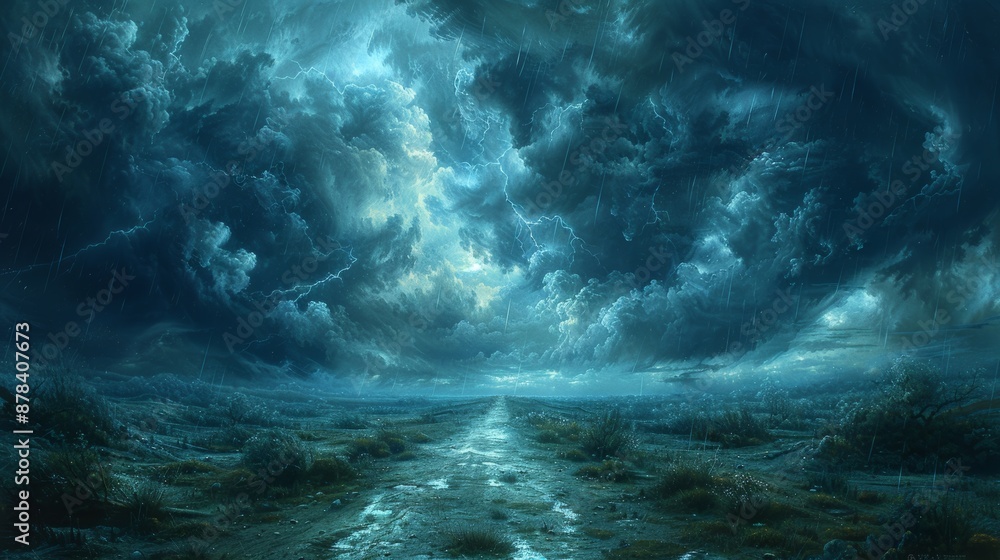 Storm clouds are gathering over an empty road leading to a dramatic sky ...