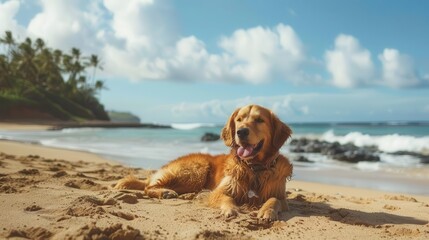 canine vacation playful golden retriever enjoying sunny beach day in hawaii capturing pure joy and relaxation pet lifestyle photography