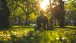 © Kelly - tourist sitting on the grass of an urban park, with trees and flowers around him generative ai