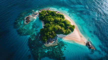 Wall Mural - Drone view of a picturesque island with white sandy beaches, turquoise waters, and a coral reef surrounding it, making it a perfect paradise for nature lovers and vacationers