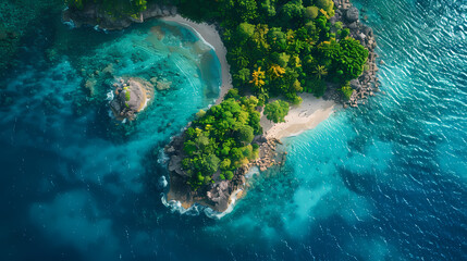 Wall Mural - Drone view of a picturesque island with white sandy beaches, turquoise waters, and a coral reef surrounding it, making it a perfect paradise for nature lovers and vacationers