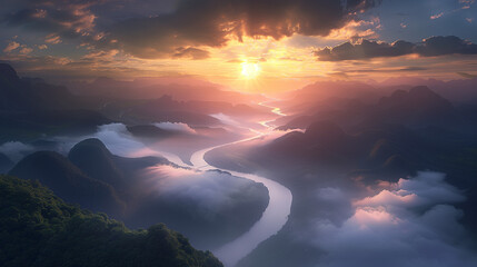 Wall Mural - the sun rises above a river with a river