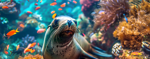 Sea Lion Underwater Swimming Among Colorful Coral Reefs and Tropical Fish.