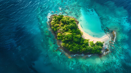 Wall Mural - Drone view of a picturesque island with white sandy beaches, turquoise waters, and a coral reef surrounding it, making it a perfect paradise for nature lovers and vacationers