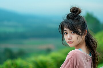 Young Woman Gazing at Breathtaking Mountain Landscape, Serene View of Nature, Girl Looking at Scenery, Beautiful Woman in Nature, Peaceful Landscape, Scenic View, Mountain Range, Green Hills, Cloudy