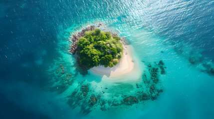 Wall Mural - Drone view of a picturesque island with white sandy beaches, turquoise waters, and a coral reef surrounding it, making it a perfect paradise for nature lovers and vacationers