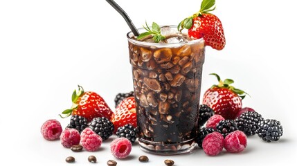 Wall Mural - An ultra-realistic presentation of a dark iced coffee in a glass cup, with cream cascading down