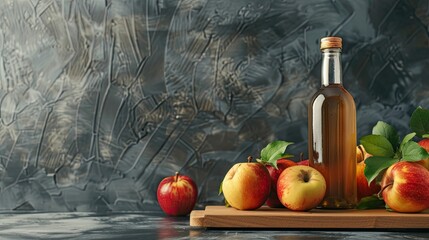 Wall Mural - apple cider vinegar bottle with label. next to red apples on kitchrn table minimalist