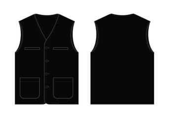 Sticker - Black Vest with Multi Pockets Template on White Background. Front and Back Views, Vector File.