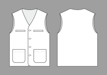 Sticker - White Vest with Multi Pockets Template on Gray Background. Front and Back Views, Vector File.