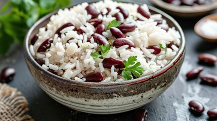 nutritious rice and red beans bowl close-up, healthy meal on wooden table, horizontal view