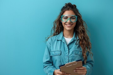 Wall Mural - A researcher wearing blue glasses and a blue jacket is holding a clipboard