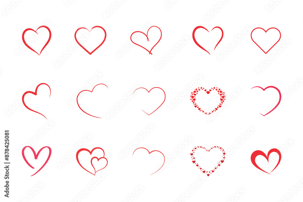 Set of hand drawn red heart icon symbol isolated on white background ...