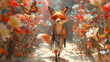 © Izhar - A whimsical cartoon fox in a designer gown, elegantly walking down a ramp lined with animated flowers and butterflies
