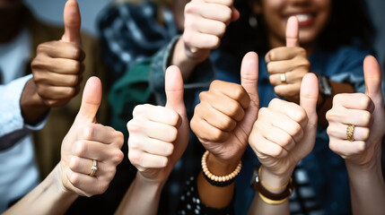 Wall Mural - Close-up of diverse hands showing thumbs up in a gesture of approval and unity