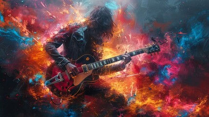 Musician with a guitar. Rock guitarist guitar player abstract vector illustration with large strokes of paint.