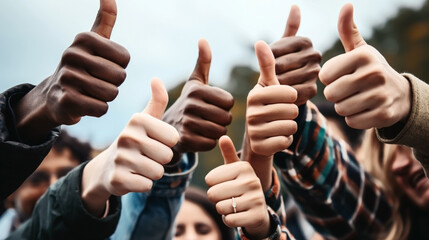 Wall Mural - A group of diverse hands giving thumbs up in a display of approval and unity