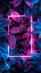 Wall Mural - Glowing neon frame is illuminating a vibrant ultraviolet illuminated foliage background creating a beautiful contrast