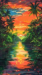 Wall Mural - Colorful illustration of a tropical river at sunset with palm trees and lush vegetation, creating a serene and exotic atmosphere