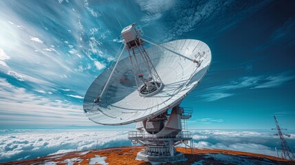 taking a picture of a satellite dish antenna with a telecommunication tower in the blue sky