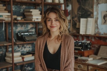 Wall Mural - A author woman is smiling in front of a bookshelf