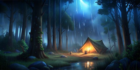 Wall Mural - a night landscape with a forest and a tent
