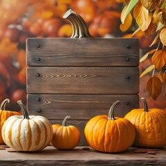 Elements of cozy autumn decor with pumpkins and a wooden blank sign on which you can place text.
