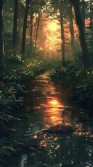 Poster - The golden sunset glows warmly over the peaceful forest river, flowing gently between rocks and trees, creating a magical atmosphere