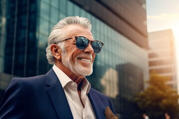 Wall Mural - Portrait of a happy man in his 70s wearing a trendy sunglasses while standing against sophisticated corporate office background